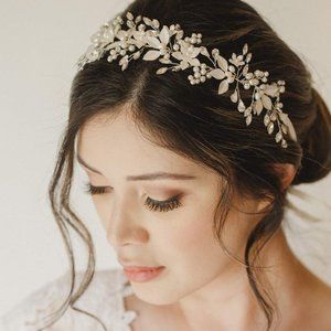 Rhinestone Flower-Leaf Wedding Headband | Silver